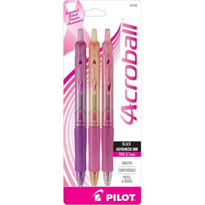 Pilot 3pk Acroball Breast Cancer Awareness Ballpoint Pens Fine Point 0.7mm Black Ink