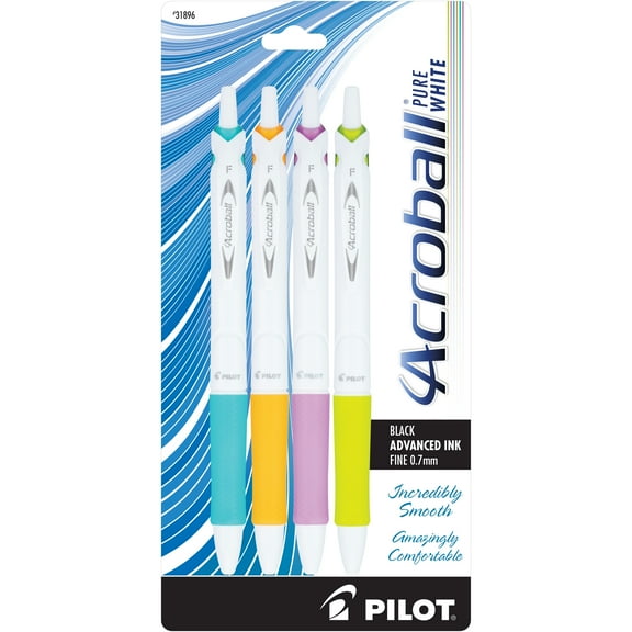 Pilot Acroball Pure White Advanced Ink Pens, Fine Point, Black, 4 Count