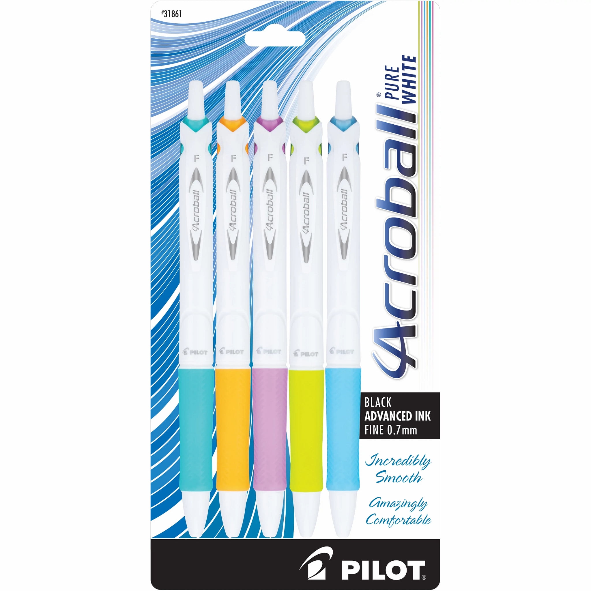 Pilot Acroball PureWhite Advanced Ink Pen, Fine Point, Assorted Accents, Black Ink, 5 Count