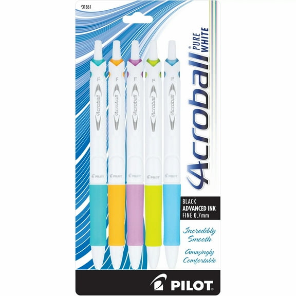 Pilot Acroball PureWhite Advanced Ink Pen, Fine Point, Assorted Accents, Black Ink, 5 Count (31861)