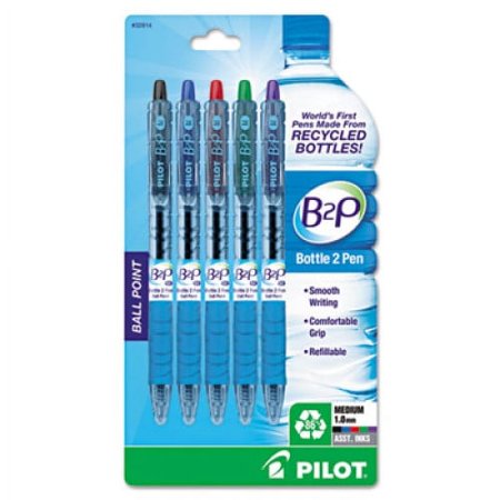 Pilot B2P Bottle-2-Pen Recycled Retractable Ballpoint Pen, 1mm, Assorted Ink, 5/Pack