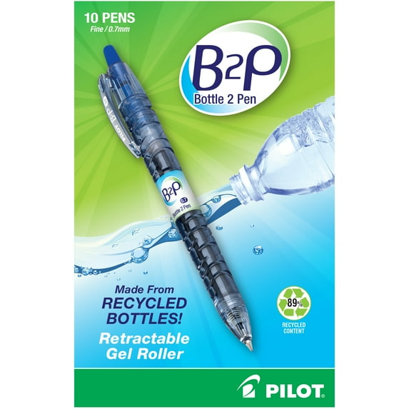 Pilot B2P Bottle-2-Pen Retractable Gel Ink Pens, Fine Point, 0.7 mm, Blue Ink, 10 Pack