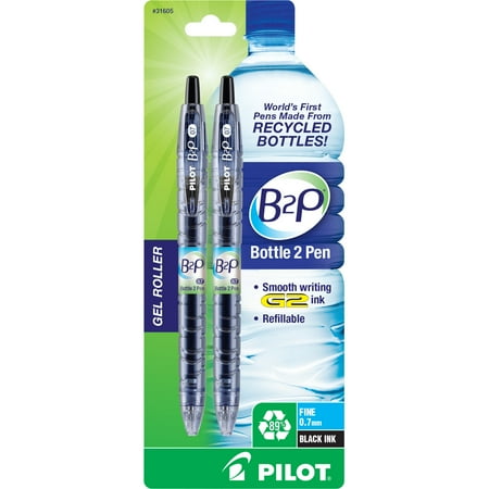 Pilot B2P Bottle-2-Pen Retractable Gel Roller Pens, Fine Point, Black, 2 Count