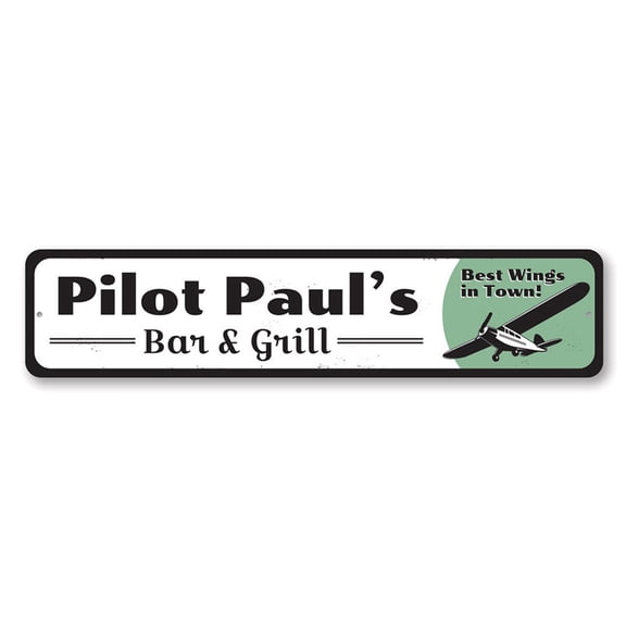 Pilot Bar & Grill Sign, Best Wings in Town Name Sign, Custom Airplane Decor, Restaurant Aluminum Sign - 4x18 inches