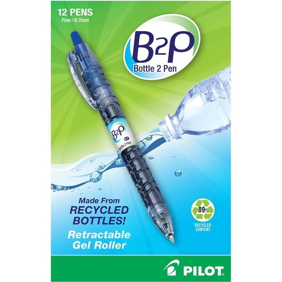 PILOT B2P - Bottle to Pen Refillable & Retractable Rolling Ball Gel Pen Made From Recycled Bottles, Fine Point, Blue G2 Ink, 12-Pack (31601)