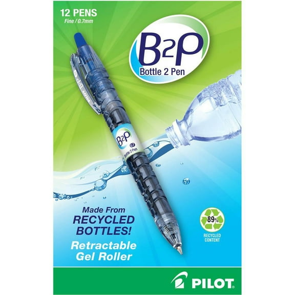 PILOT B2P - Bottle to Pen Refillable & Retractable Rolling Ball Gel Pen Made From Recycled Bottles, Fine Point, Blue G2 Ink, 12-Pack (31601)