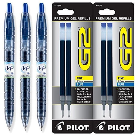 Pilot BeGreen B2P Retractable Gel Ink Pens, Fine Point 0.7mm, Pack of 3 with Bonus Refills