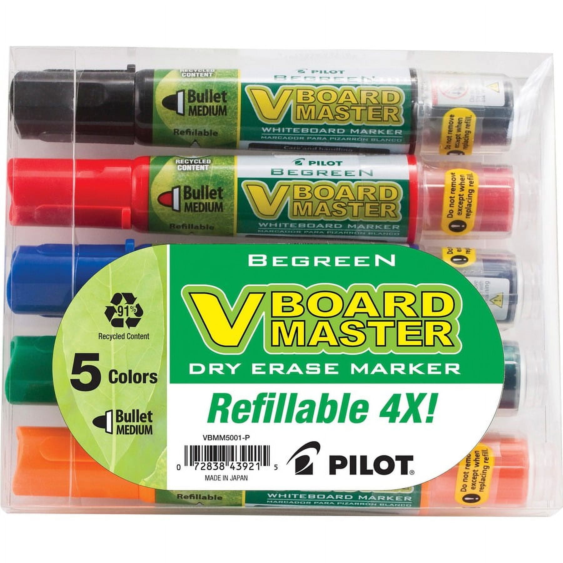 Pilot BeGreen VBoard Master Medium Bullet Marker - Medium Marker Point - Bullet Marker Point Style - Refillable - 5 / Pack