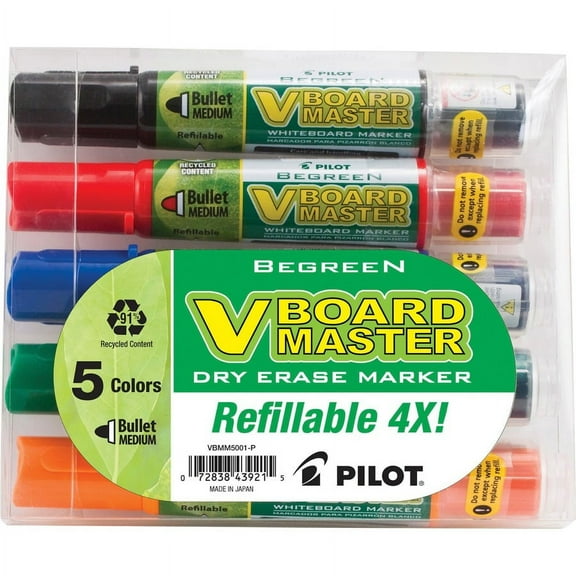 Pilot BeGreen VBoard Master Medium Bullet Marker - Medium Marker Point - Bullet Marker Point Style - Refillable - 5 / Pack | Bundle of 2 Packs