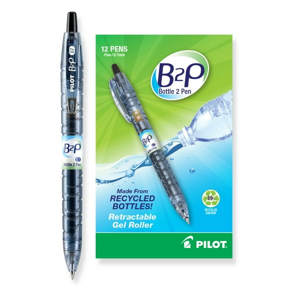 Pilot Bottle 2 Pen Retractable 0.7 mm Made from Recycled Water Bottle 12ct Black