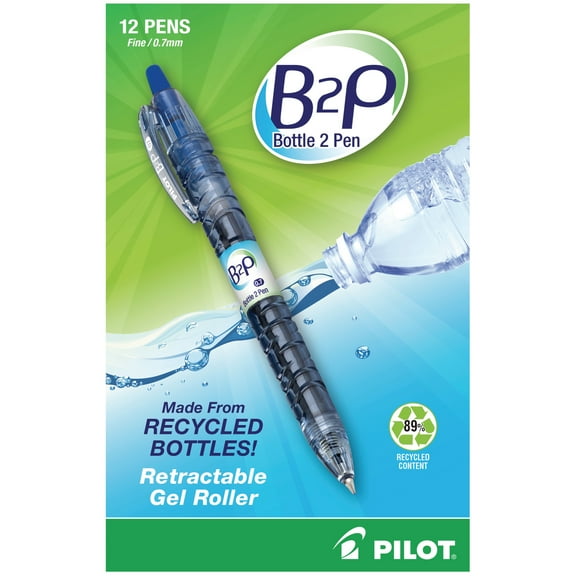 Pilot "Bottle to Pen" B2P Retractable Gel Pens, Fine Point, 0.7 mm, 89% Recycled, Translucent Barrel, Blue Ink, Pack Of 12