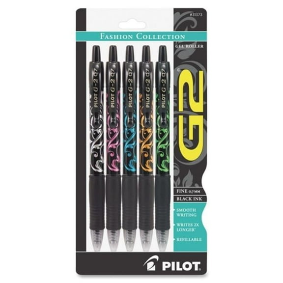 Pilot Corp. Of America G2 Gel Ink, Retract, Black Ink/Fashion Barrels, 0.7 mm, 5/Pk