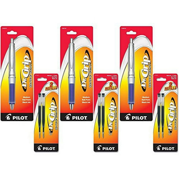 Pilot Dr. Grip Center of Gravity Retractable Ball Point Pen, Medium Point, Blue Grip, Black Ink, 3 Pen (36181) with 6 Black Ink Refill