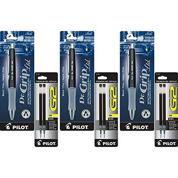 Pilot Dr. Grip Limited Retractable Rolling Ball Gel Pen, Fine Point, Charcoal Gray Metallic Barrel, Black Ink 3 Pen (36270) with 6 Black Ink Refill