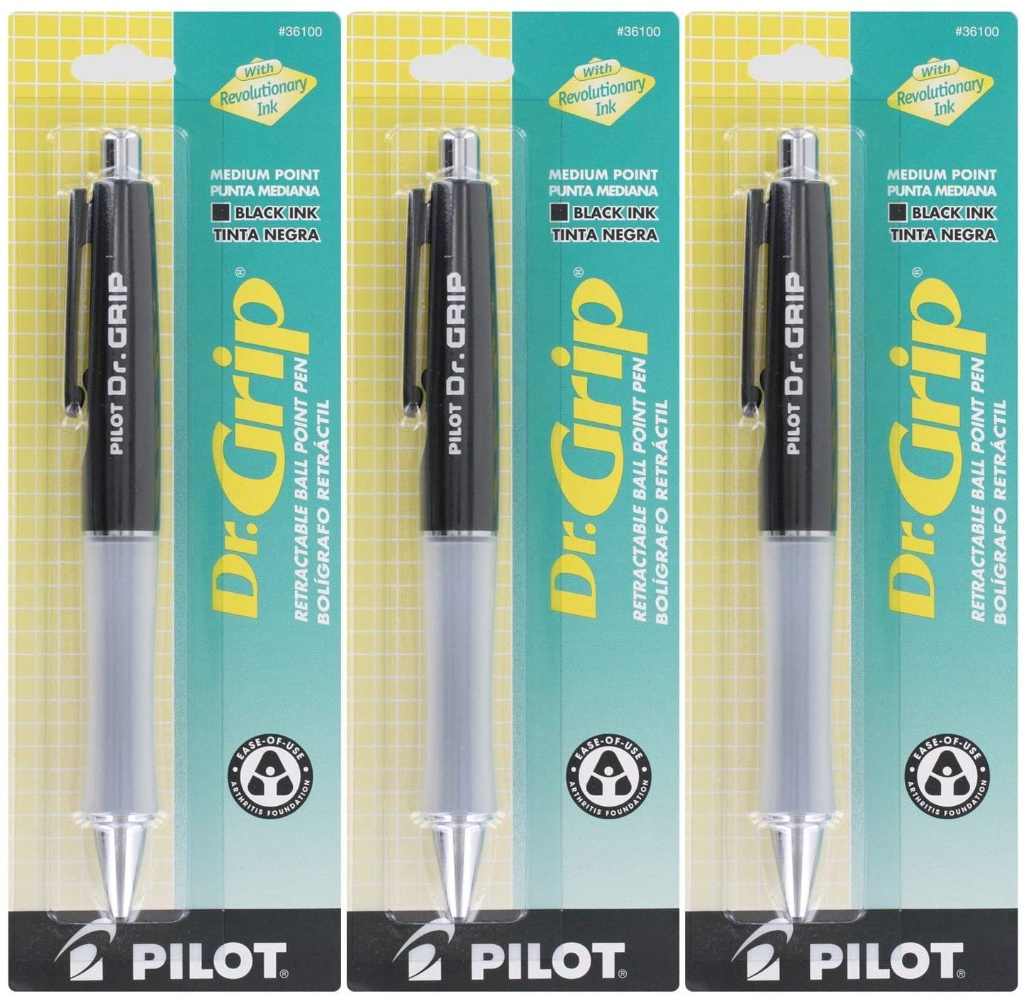 Pilot Dr.Grip Retractable Ball Point Pen, Medium Point, Black Ink - Pack of 3 Black