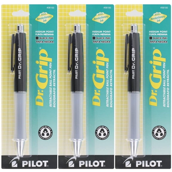 Pilot Dr. Grip Retractable Ball Point Pen, Medium, Black 36100 (3 pack) (Bundle)