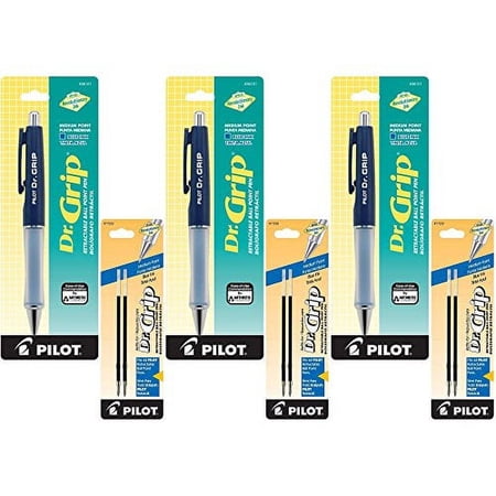 Pilot Dr. Grip Retractable Ballpoint Pen, Medium Point, Navy Barrel with Blue Ink, 3 Pens (36101) with 6 Blue Ink Refill