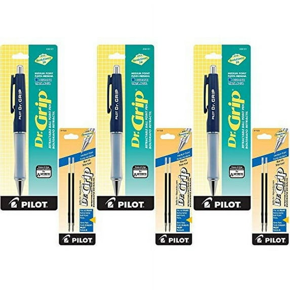 Pilot Dr. Grip Retractable Ballpoint Pen, Medium Point, Navy Barrel with Blue Ink, 3 Pens (36101) with 6 Blue Ink Refill