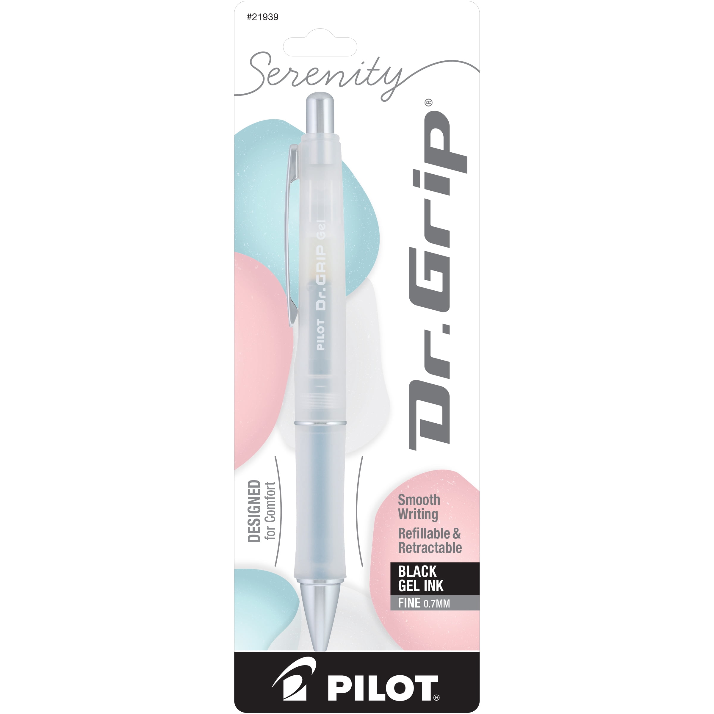 Pilot Dr. Grip Serenity Retractable Gel Ink Pen, White Barrel, Fine Point (0.7 mm) Black Ink 1 Pack