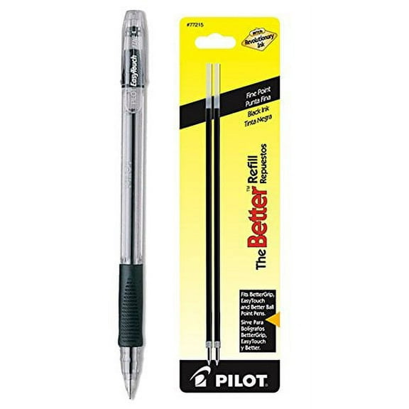 Pilot EasyTouch Ball Point Stick Pens, Fine Point, Black Ink 1 Pen & 2 Refills