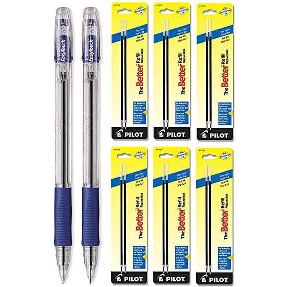Pilot EasyTouch Ball Point Stick Pens, Fine Point, Blue Ink 2 Pens & 12 Refills