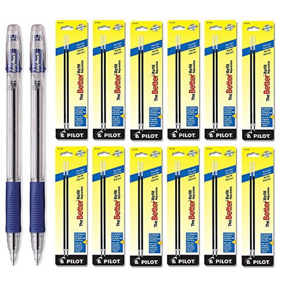 Pilot EasyTouch Ball Point Stick Pens, Fine Point, Blue Ink 2 Pens & 24 Refills