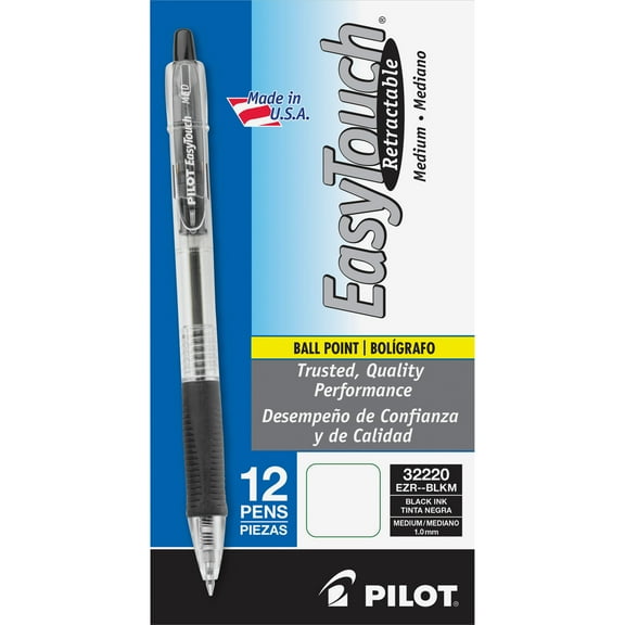Pilot EasyTouch Retractable Ballpoint Pens, Medium Point, 1.0 mm, Black Ink, 12 Pack