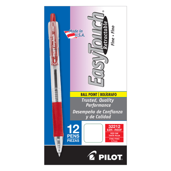 Pilot® EasyTouch® Retractable Ballpoint Pens, Fine Point, 0.7 mm, Clear Barrels, Red Ink, Pack Of 12