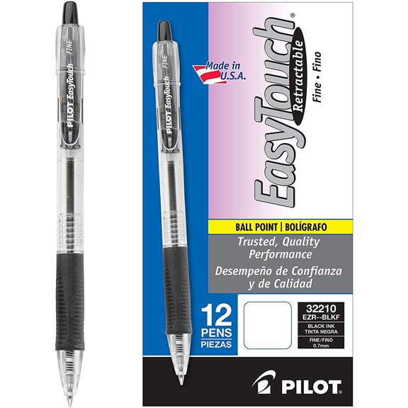 Pilot EasyTouch Retractable Ballpoint Pens, Fine Point, 0.7 mm, Black Ink, 12 Count, 12 Pack