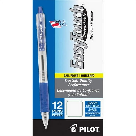 Pilot EasyTouch Retractable Ballpoint Pens, Medium Point, Blue Ink, 12 Count
