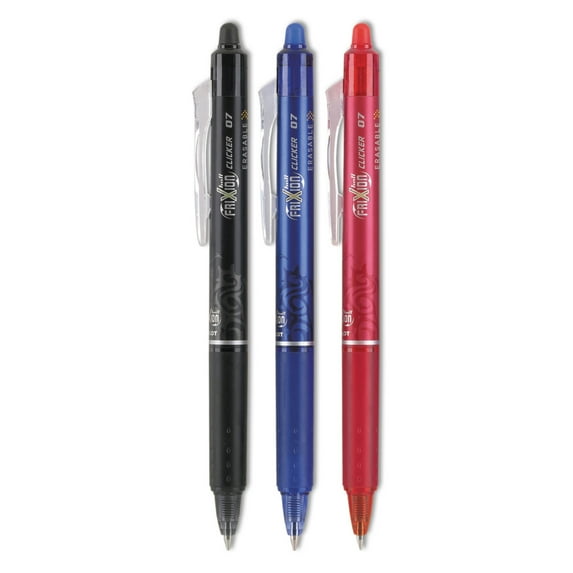 Pilot FriXion Ball Clicker Erasable Gel Ink Retractable Pen, Fine Point, 0.7mm, 3 Pack (Black,Blue,Red)