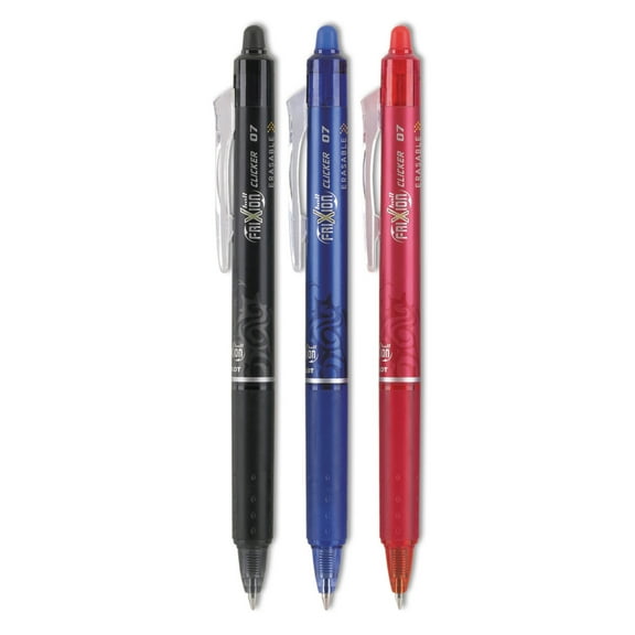 Pilot FriXion Ball Clicker Erasable Gel Ink Retractable Pen, Fine Point, 0.7mm, 3 Pack (Black,Blue,Red)