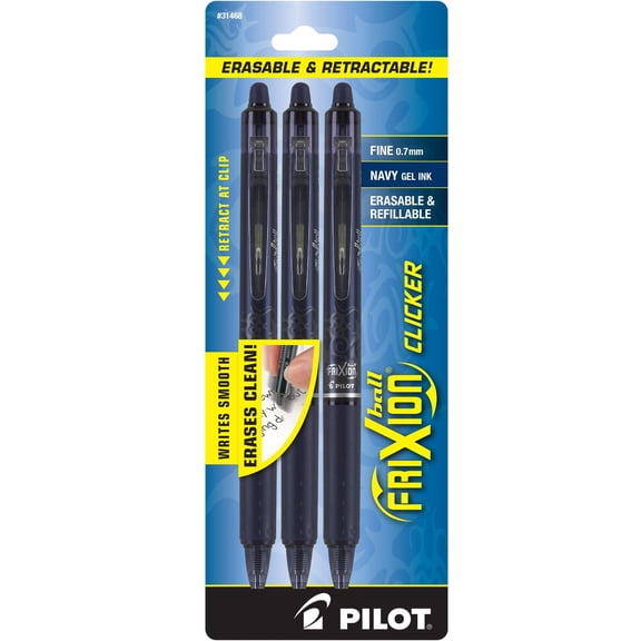 Pilot FriXion Clicker Fine 0.7mm Erasable Gel Pen Navy Ink 3/Pack 31468