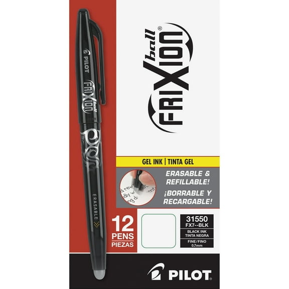 Pilot FriXion Ball Erasable Gel Pen Set, Fine Point 0.7mm, Black Ink, 12 Pack