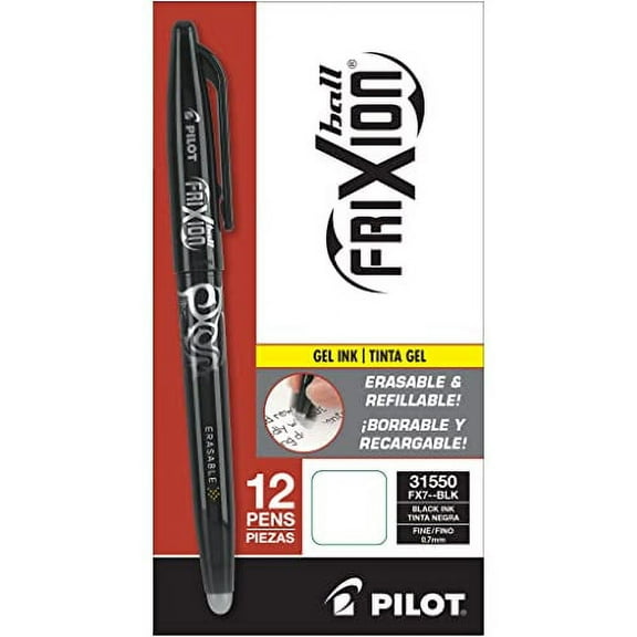 Pilot, FriXion Ball Erasable & Refillable Gel Ink Pens, Fine Point 0.7 mm, Pack of 12, Black