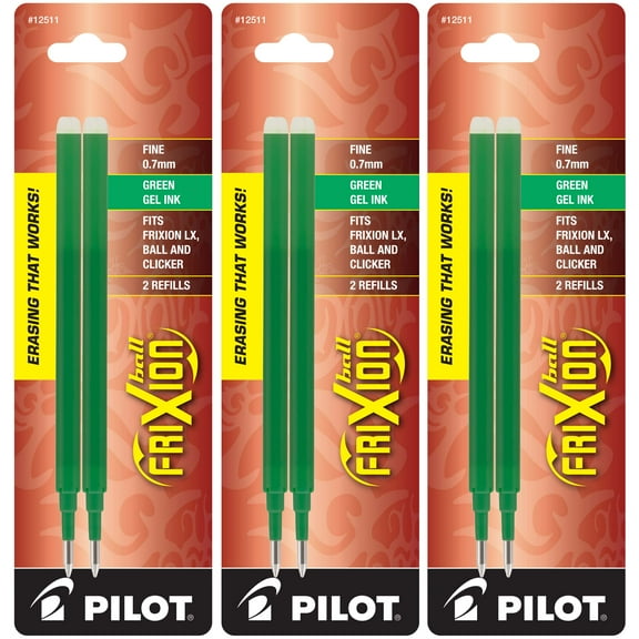 Pilot FriXion Ball Gel Ink Refills, Fine Point, 0.7mm, Green Ink, 6 Refills
