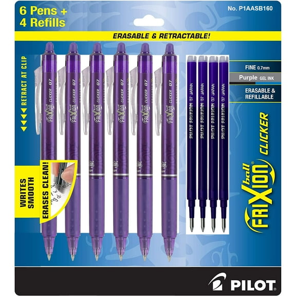 Pilot FriXion Clicker 07 Purple Erasable Gel Ink Pens, 6 Pens With 4 Refills, 0.7mm Fine Point