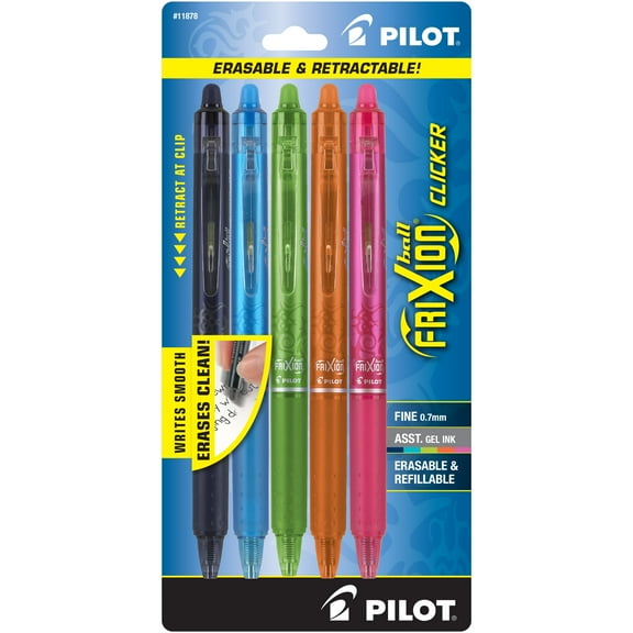 Pilot FriXion Clicker Erasable Gel Ink Pens, Fine Point, 0.7mm, Assorted Ink, 5 Count