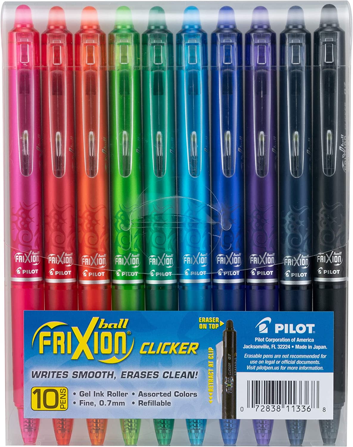 Pilot FriXion Clicker Erasable, Refillable & Retractable Gel Ink Pens, Fine Point, Assorted Color Inks, 10-Pack Pouch (11336)