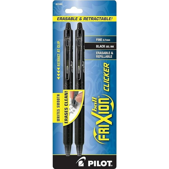 Pilot FriXion Clicker Erasable and Retractable Gel Ink Pens, Fine Point 0.7 mm, Black Ink, 2 Ea, 3 Pack