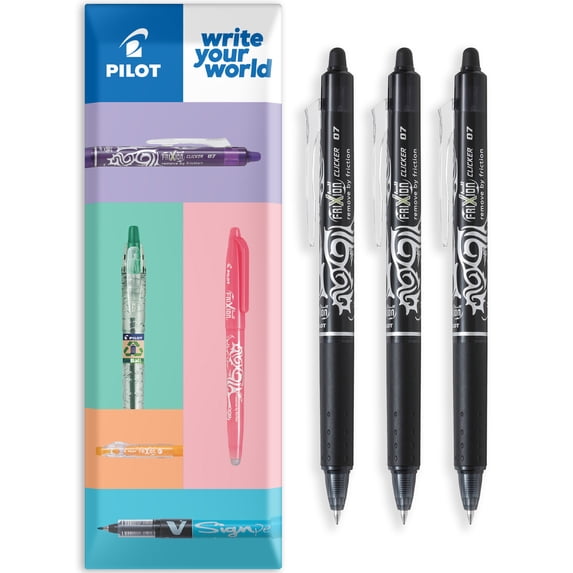 Pilot FriXion Clicker Fine Erasable Rollerball Pen - Retractable 0.7mm Nib - Wallet Pack of 3 - Black Ink