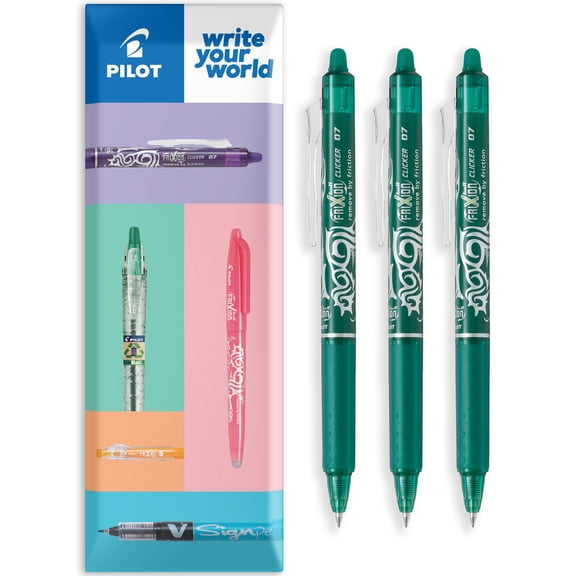 Pilot FriXion Clicker Fine Erasable Rollerball Pen - Retractable 0.7mm Nib - Wallet Pack of 3 - Green Ink