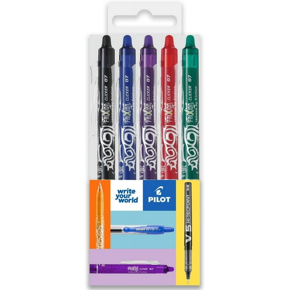 Pilot FriXion Clicker Fine Erasable Rollerball Pen - Retractable 0.7mm Nib - Wallet of 5 - Essentials - Black, Blue, Red, Green, Violet