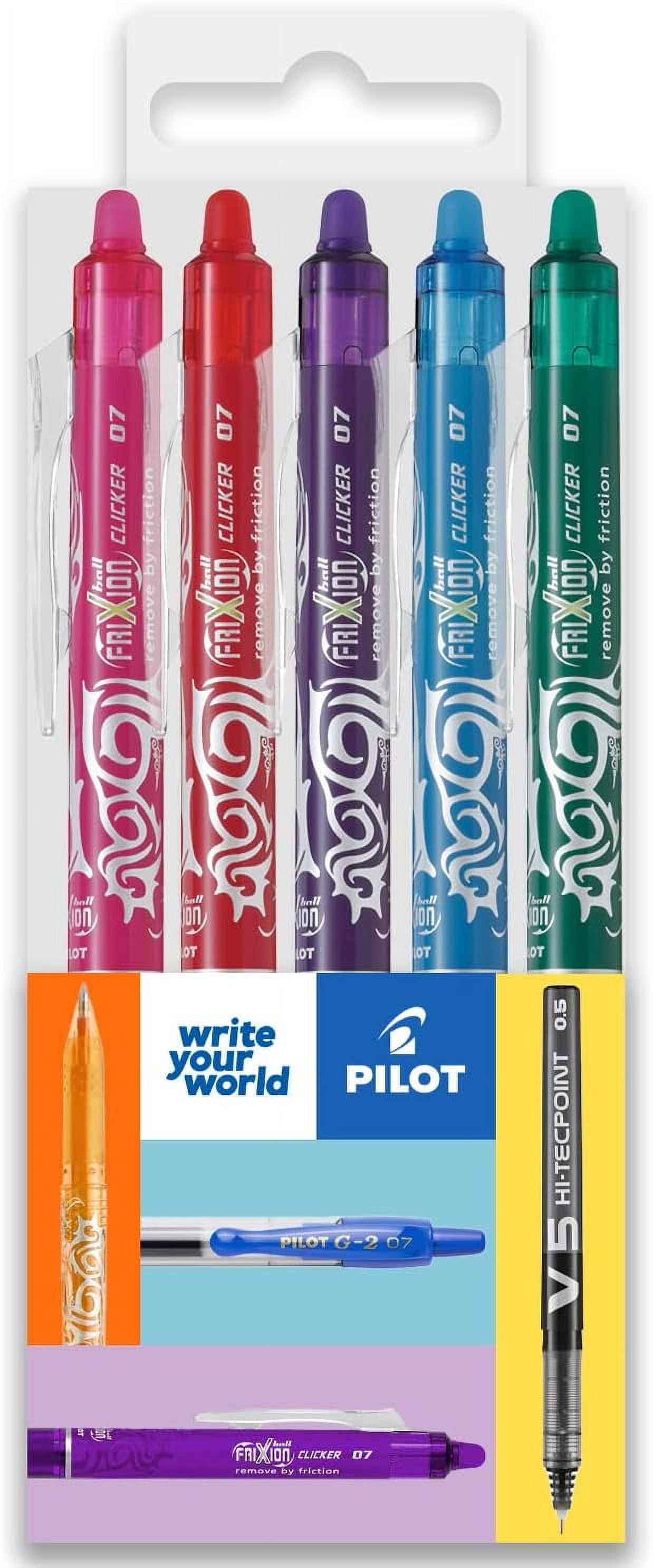 Pilot FriXion Clicker Fine Erasable Rollerball Pen - Retractable 0.7mm Nib - Wallet of 5 - Tropical - Pink, Red, Violet, Light Blue, Green