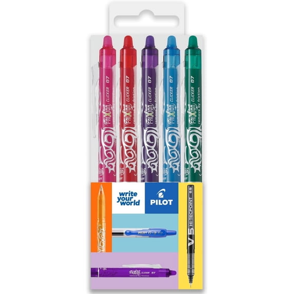 Pilot FriXion Clicker Fine Erasable Rollerball Pen - Retractable 0.7mm Nib - Wallet of 5 - Tropical - Pink, Red, Violet, Light Blue, Green