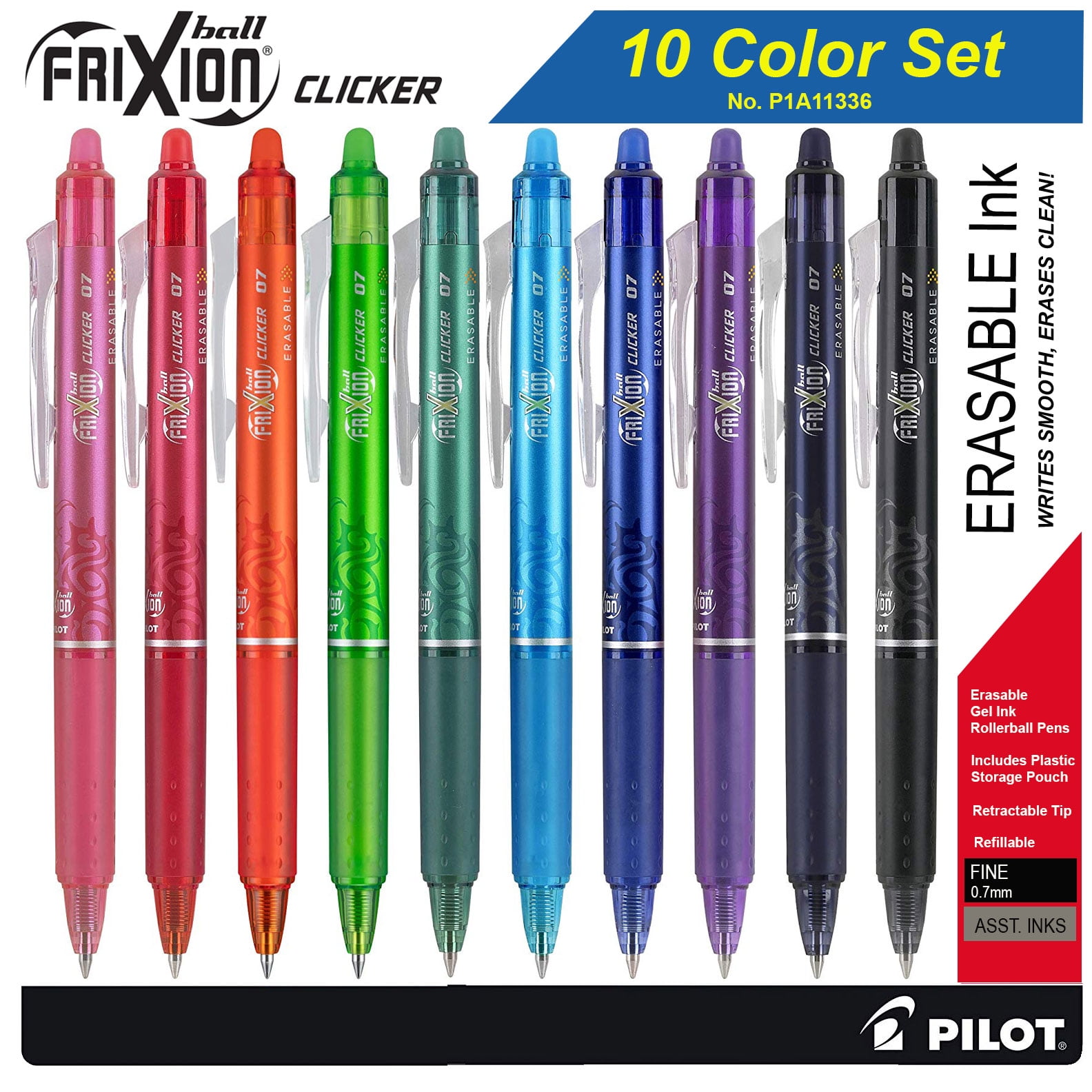 Pilot FriXion Clicker Retractable Erasable Gel Pens Fine Point, Assorted, 10-pk