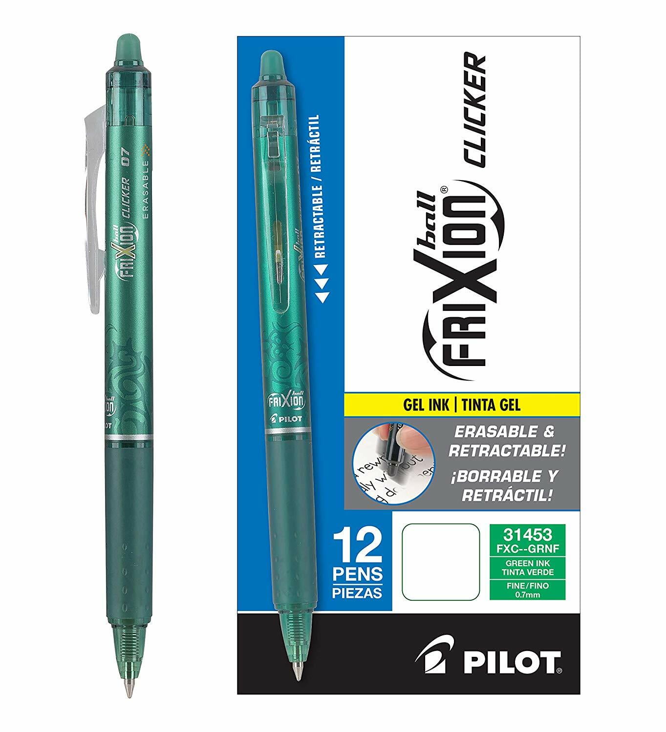 Pilot FriXion Clicker Retractable Erasable Gel Pens in Green - Fine - 12 Pack