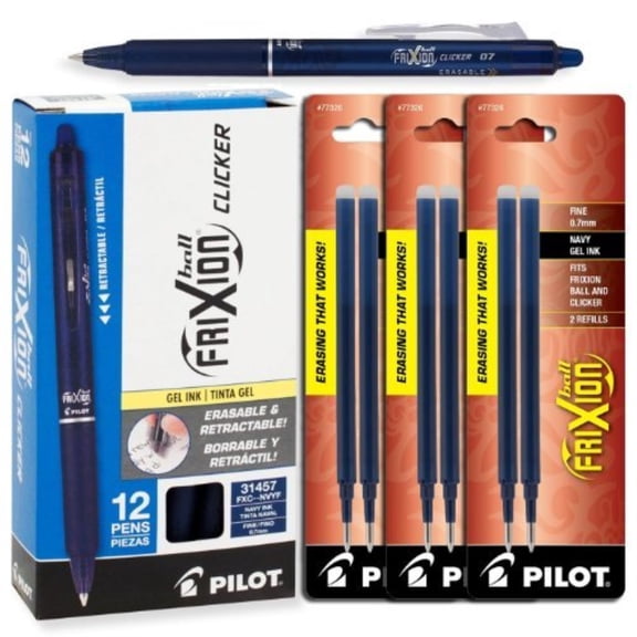 pilot frixion clicker retractable gel ink pens, eraseable, fine point 0.7mm, navy blue ink, pack of 12 with bonus packs of refills