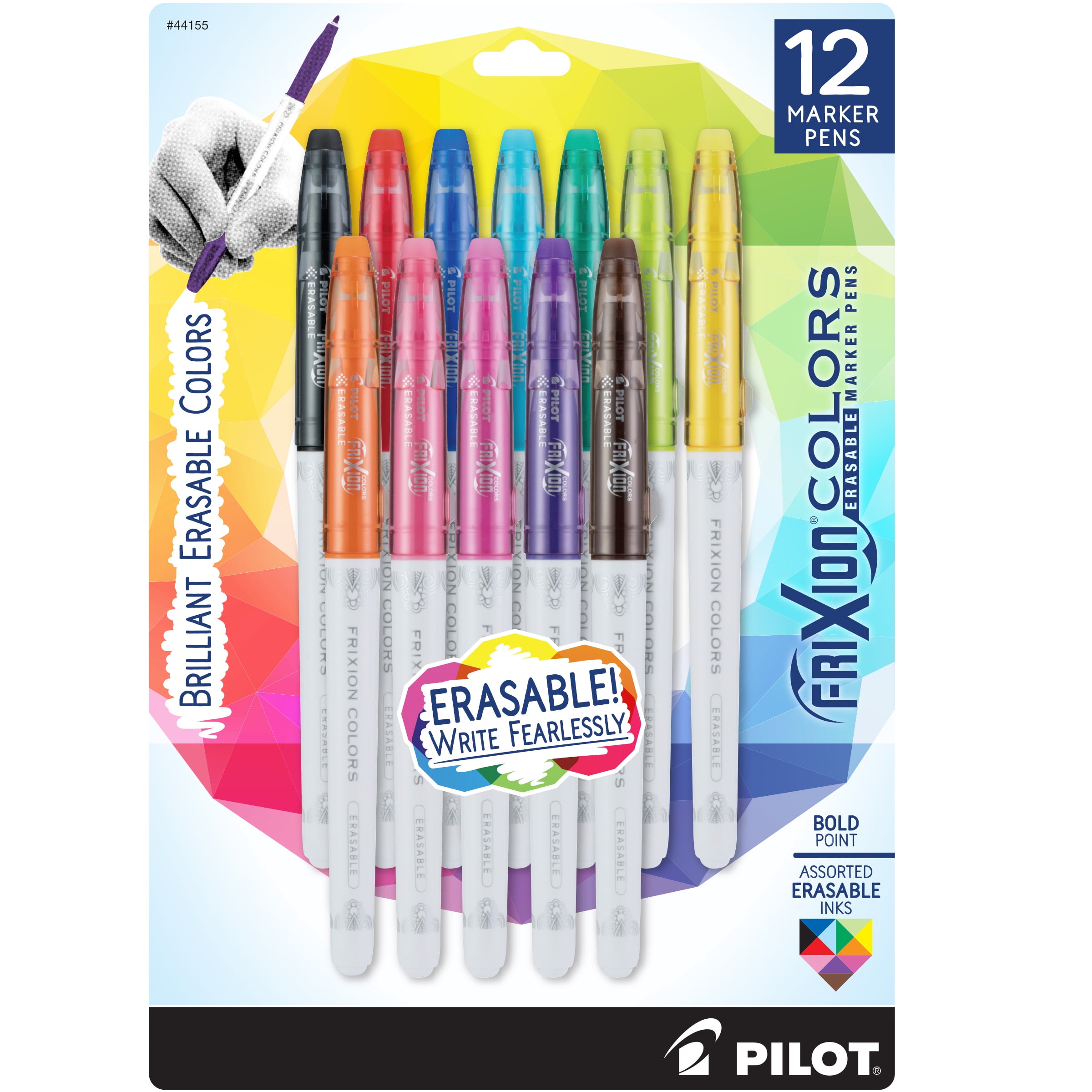 Pilot FriXion Colors Erasable Marker Pen, Bold Point, Assorted Ink, 12-Pack