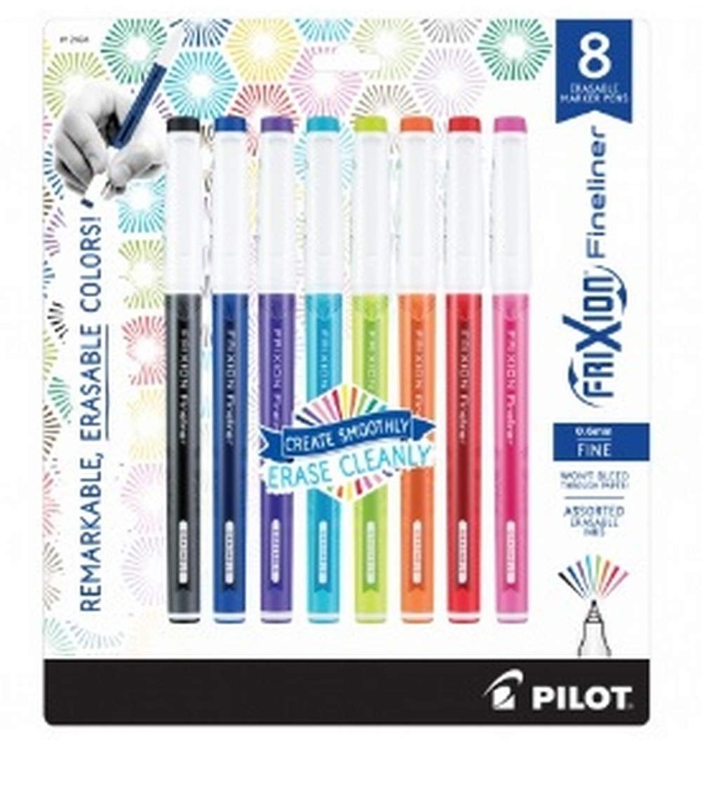 Pilot FriXion Fineliner Erasable Marker Pen, Fine Point, 0.6mm, Assorted Colors, 8 Count
